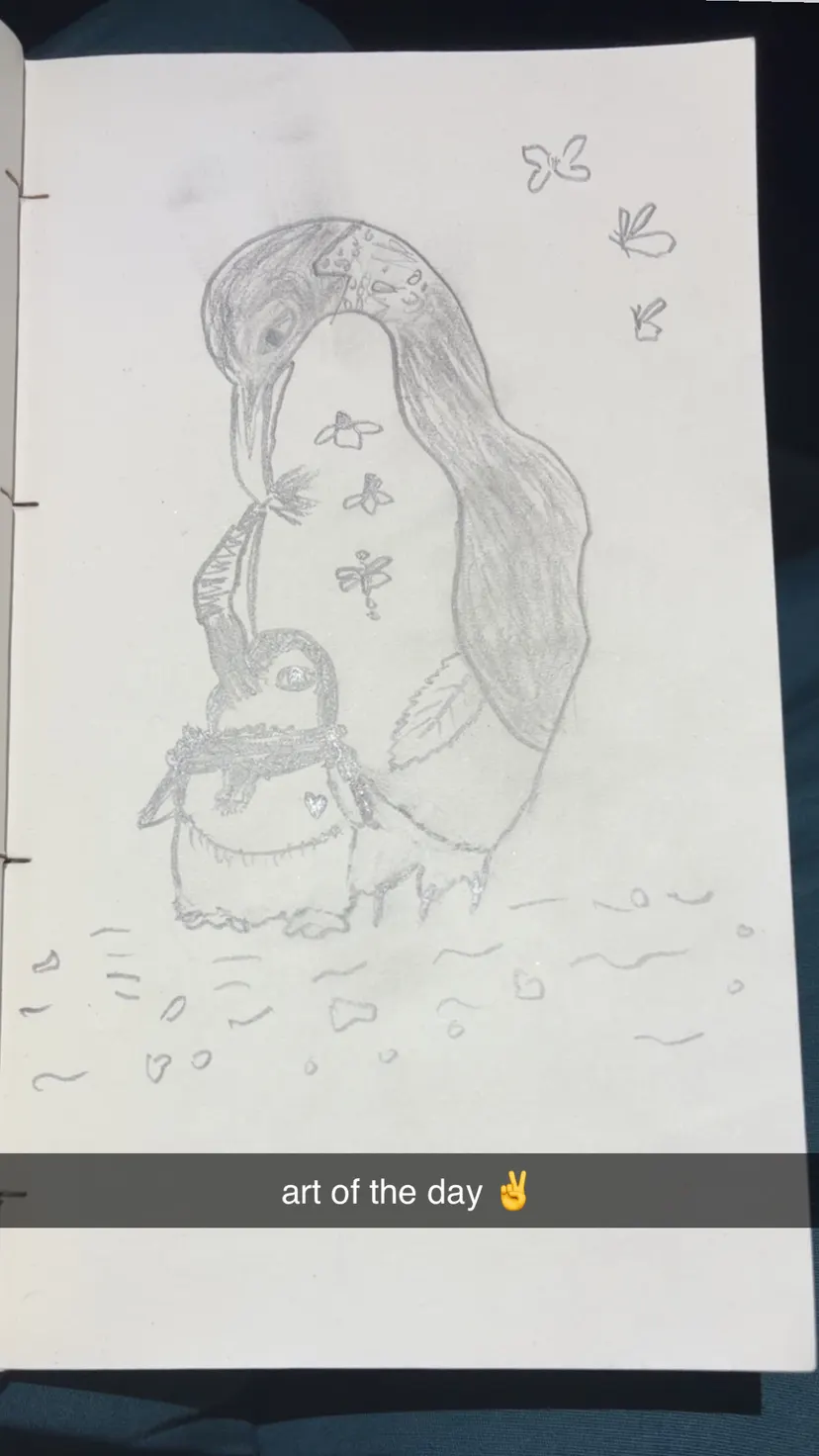 Pencil drawing of a mother penguin leaning toward a chick in a scarf, with butterflies