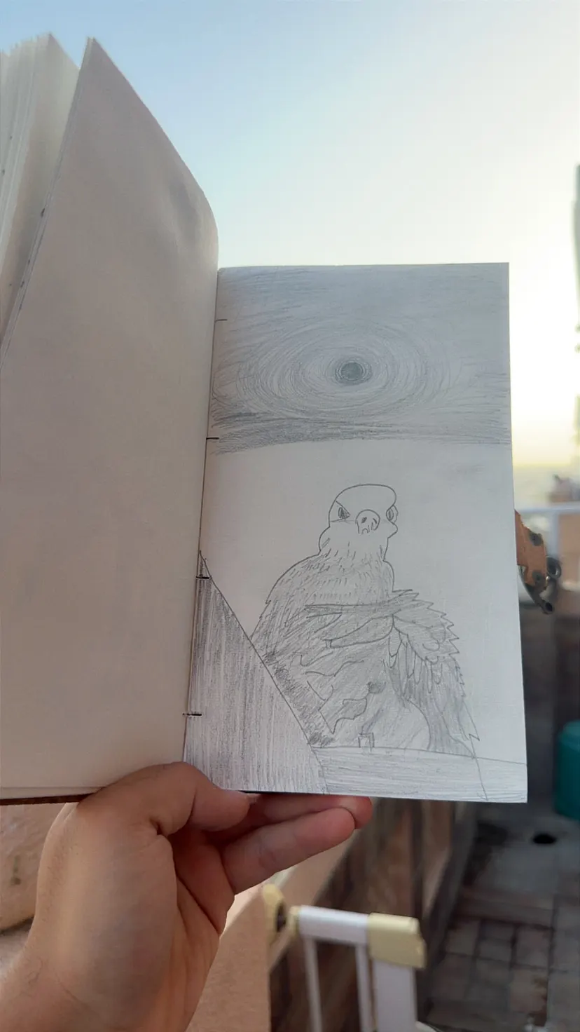 Pencil drawing of a bird under a swirling sky in an open sketchbook held outdoors