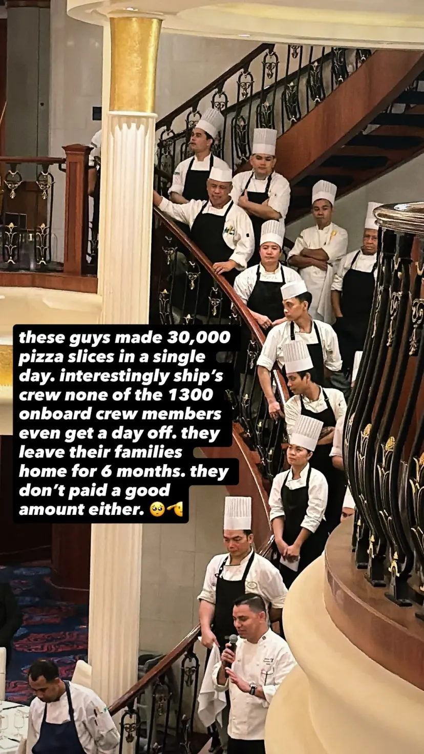 these guys made 30,000 pizza slices in a single day. interestingly ship’s crew none of the 1300 onboard crew members even get a day off. they leave their families home for 6 months. they don’t paid a good amount either. 🥺🫡