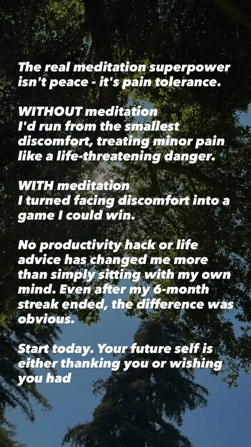 The real meditation superpower isn't peace - it's pain tolerance.
WITHOUT meditation
I'd run from the smallest discomfort, treating minor pain like a life-threatening danger.
WITH meditation
I turned facing discomfort into a game I could win.
No productivity hack or life advice has changed me more than simply sitting with my own mind. Even after my 6-month streak ended, the difference was obvious.
Start today. Your future self is either thanking you or wishing you had